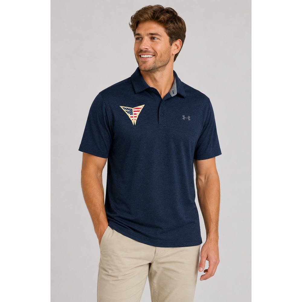 Under Armour Playoff Polo Shirt Mens Navy Blue USA Flag Graphic Shirt Large
